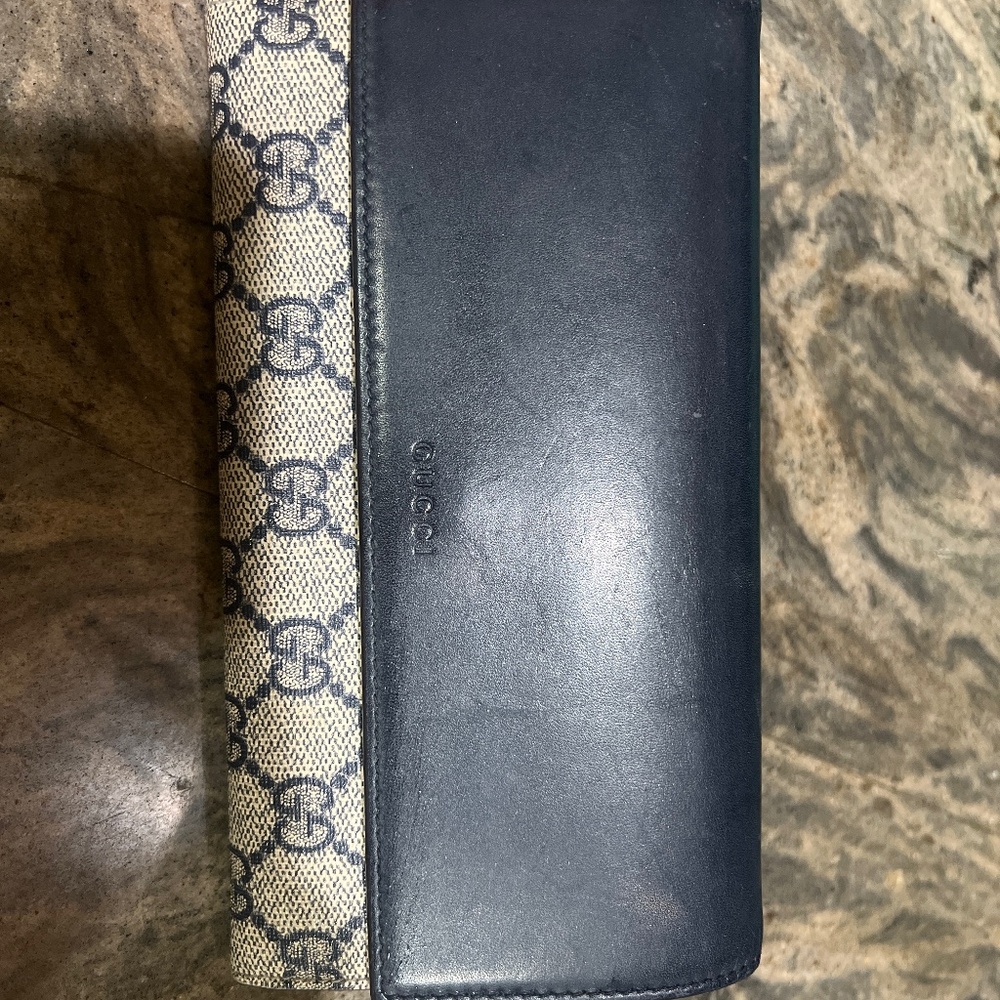 Navy blue and beige printed GG monogram continental leather wallet